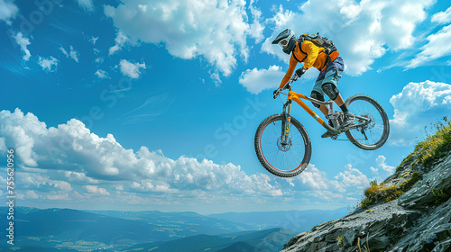 Athlete jumping on a Mountain Bike  summer mountain landscape