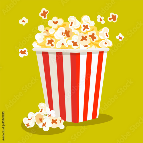 Flat style popcorn box. Popcorn is a staple snack for watching a film. Isolated on a yellow background. Vector image