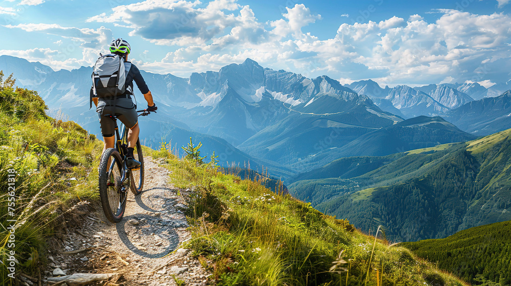 Athlete jumping on a Mountain Bike, summer mountain landscape Athlete jumping on a Mountain Bike, summer mountain landscape
