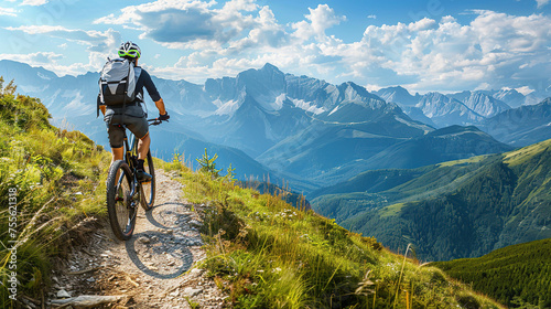 Athlete jumping on a Mountain Bike, summer mountain landscape © Irina