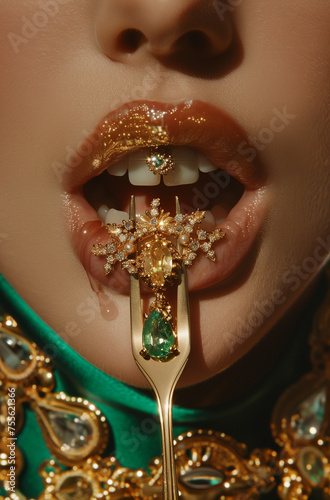  jewelry for lunch.Woman with Diamond jewelry on fork .Minimal creative fashion and art concept 