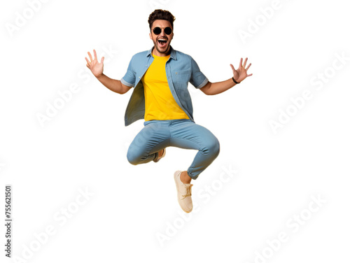 Happy young man jumping over the suitcase isolated on the transparent background.