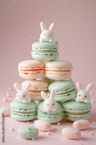 macaroons and easter bunnies.Minimal creative Easter food concept.Flat lay,top view.Generative AI