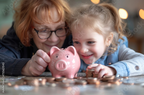 Happy grandmother and her smiling little granddaughter together with a pink piggy bank on a table at home, focusing on it, making a collage of coins in her hand. Financial education concept