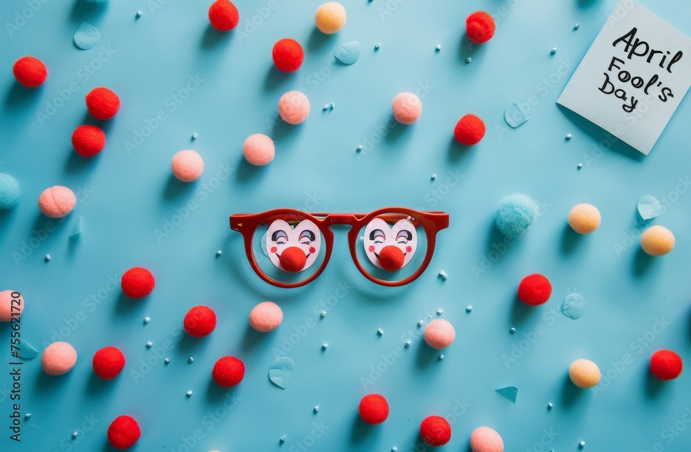 April Fool's Day with glasses and clown nose on blue background April Fool's Day with glasses and clown nose on blue background
