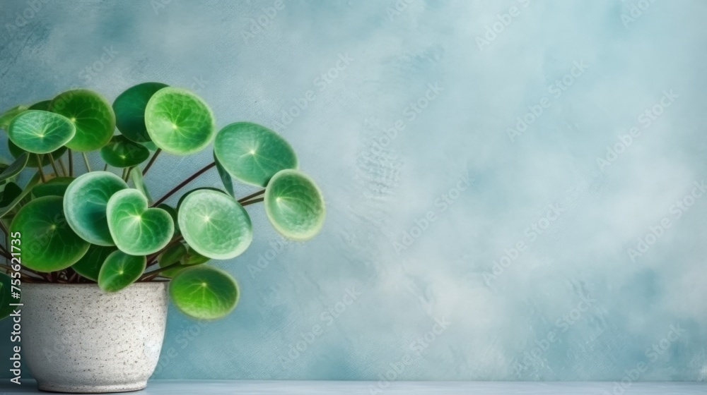 Naklejka premium Pilea Peperomioides with soft blue grunge concrete wall. Negative space, Free space for text. Generative AI