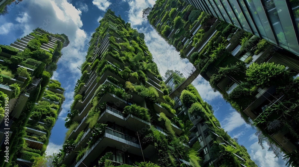 Futuristic Urban Ecosystem Tall Buildings Adorned with Thriving Vertical Gardens and Solar Panels