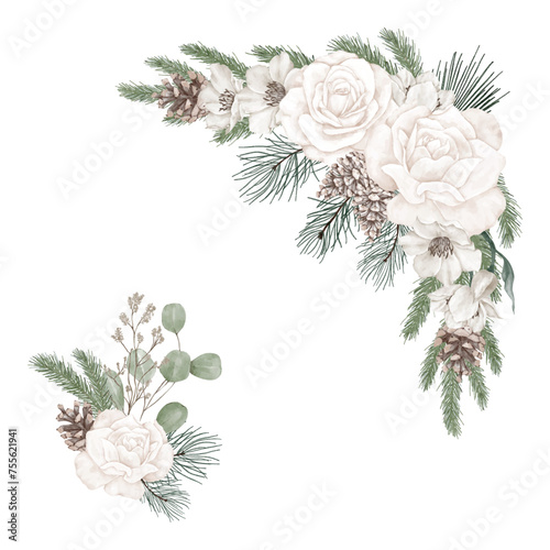 Wreath of flowers and coniferous branches