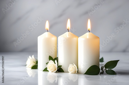 white candles on the right  white background  space 2 3 for text 