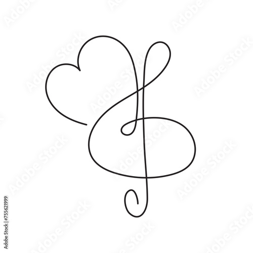 Treble clef and heart one line art,hand drawn continuous contour outline.Love music composition concept,minimalist romantic design,song for Valentines day February 14.Editable stroke.Isolated.Vector
