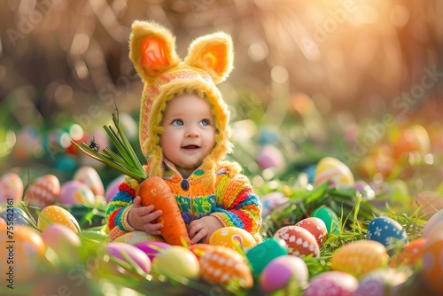 Easter Delight: Cheerful Child in Rabbit Costume With a Big Carrot Amongst a Field of Brightly Colored Eggs