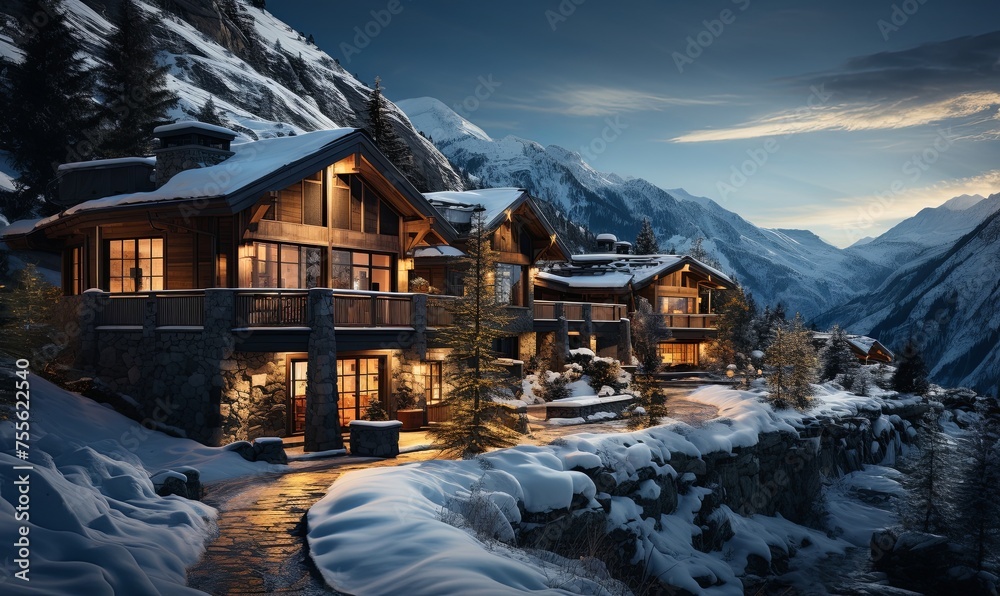 Snow-covered House Nestled in the Mountains