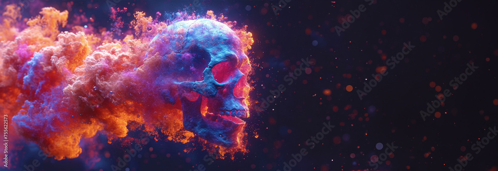 Side view of model of the human skull in neon red,pink and blue lights on the dark background. Concept of terror, physiology learning and drawing. Halloween decor concept. Selective focus, copy space - obrazy, fototapety, plakaty 
