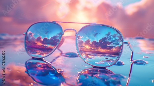 A pair of sunglasses with a reflection in them on water, AI © starush