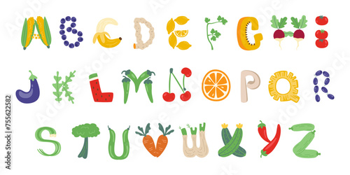 Healthy natural organic fresh eco vegetables and fruits letters alphabet vector illustration