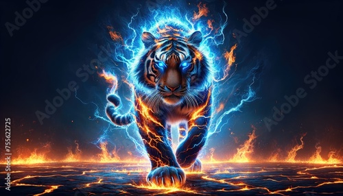 Dynamic digital art of a tiger roaring amidst a storm of fire and lightning, symbolizing power and ferocity. photo