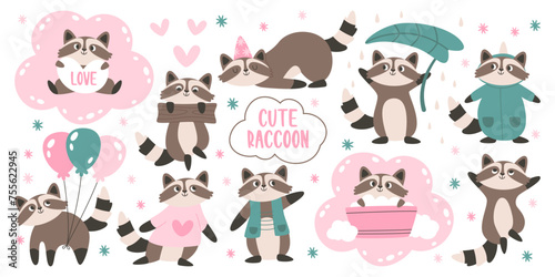 Cute raccoon funny wild animals cartoon characters in different poses and various activities set
