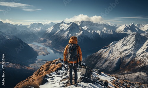 Man Standing on Snow-Covered Mountain Summit