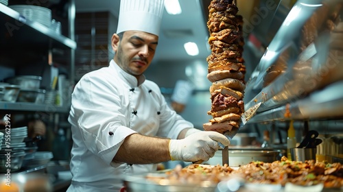 Close-up of a stunning beef dish with bokeh lights and a chef preparing meals in a modern and professional kitchen against a blurry backdrop, Generative AI.