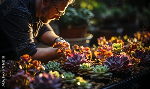Man Working in Greenhouse With Succulents photo