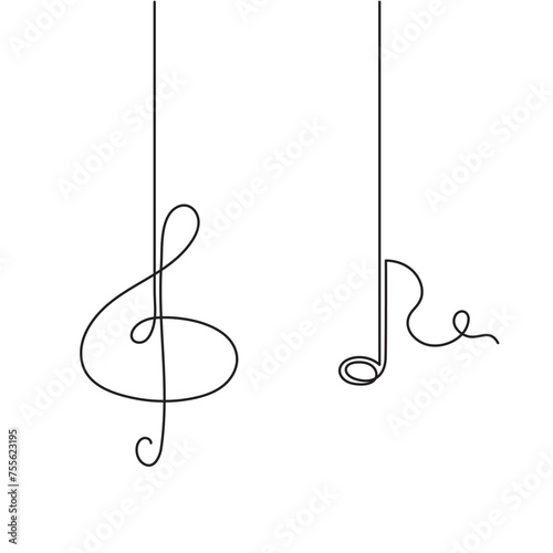 Treble clef and musical notes one line art, hand drawn continuous contour outline.Love music composition concept,minimalist template melody art design.Editable stroke.Isolated.Vector illustration