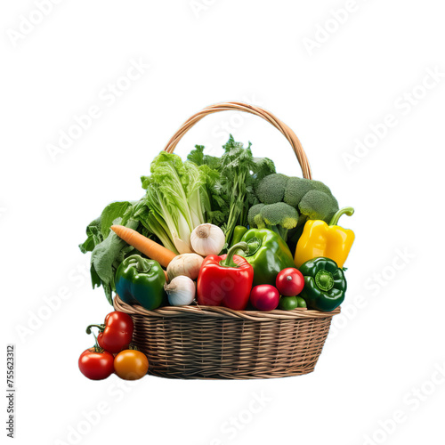 A detail of the wicker basket with many vegetables and fruits isolated on the transparent background .