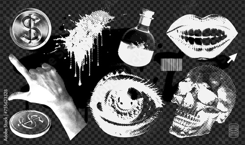 Messy textured Graphic elements set for grungy design. Vintage negative hand, mouth, skull, eye with dither effect, retro futuristic pixelated objects. Vector dotted illustration, photo