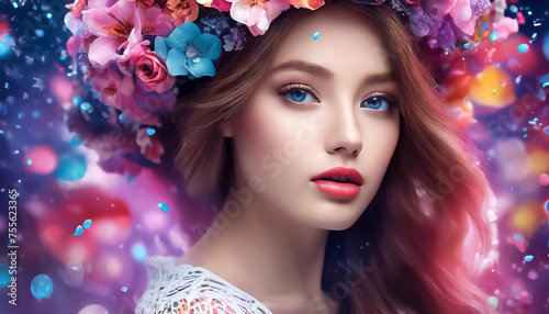 Lovely young woman in flowers. Close-up portrait of a Caucasian woman. Fantasy collage. Fictional scene