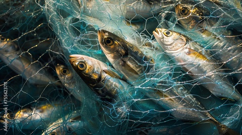 Close-up of sprats in a fishing net against a pitch black fishing type background with space for text or product, Generative AI.