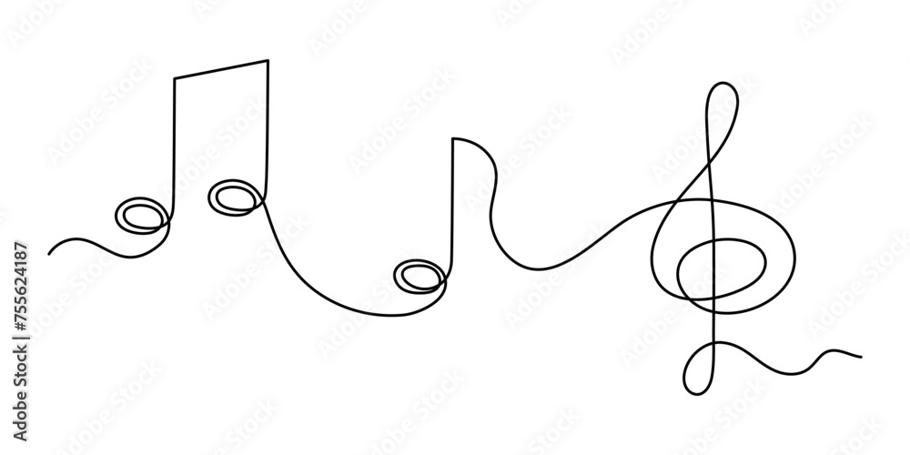 Treble clef and musical notes one line art, hand drawn continuous ...