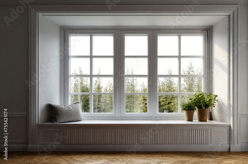 Big window with frame and windows sill on white  background indoors. Empty room  white large window with clean nobody room sunny day indoor shot. Scandinavian room. Copy text space