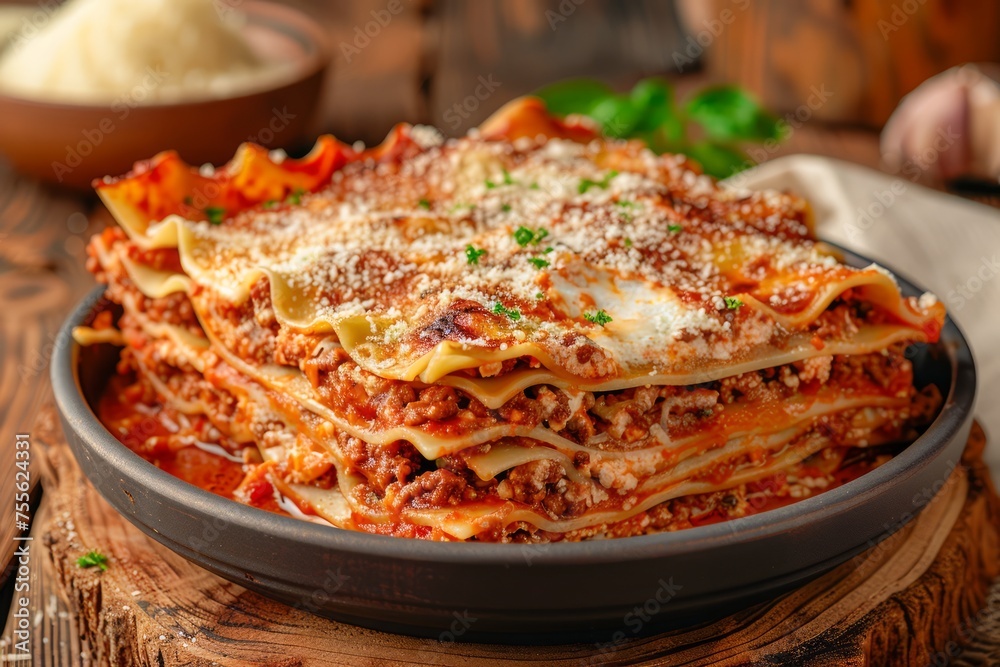 Delicious Homemade Italian Lasagna Served on Rustic Wooden Table with Grated Cheese and Basil Delicious Homemade Italian Lasagna Served on Rustic Wooden Table with Grated Cheese and Basil