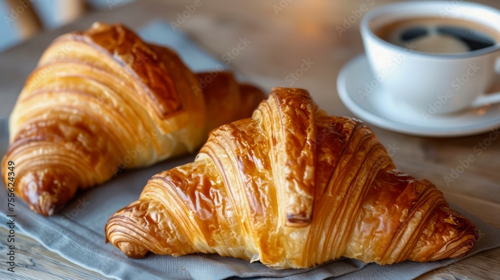 Freshly Baked Golden Croissants on Wooden Table with Hot Coffee Cup in Background Freshly Baked Golden Croissants on Wooden Table with Hot Coffee Cup in Background