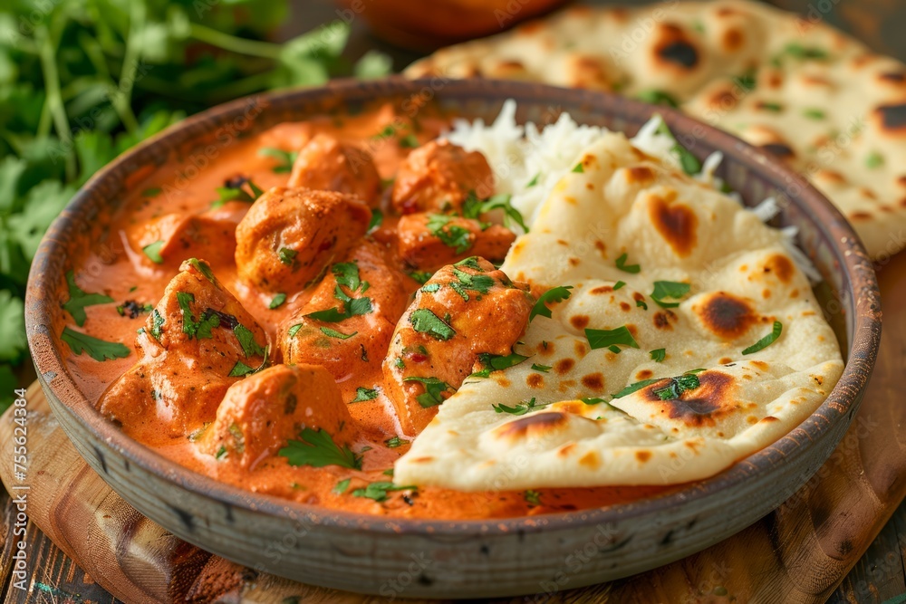 Delicious Chicken Tikka Masala Served with Fragrant Basmati Rice and Freshly Baked Naan Bread on Rustic Wooden Table, Traditional Indian Cuisine Concept