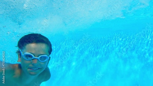 Cute teen have summer fun run and jump in the swimming pool