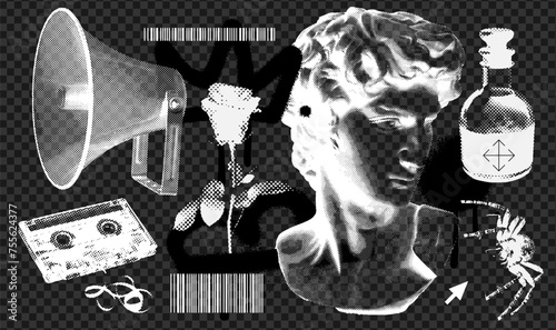 Vintage y2k set of different cool elements with retro negative photocopy effect. Y2k grunge loudspeaker, antique statue, cassette, rose, spider with a grainy effect and stippling. Vector illustration photo