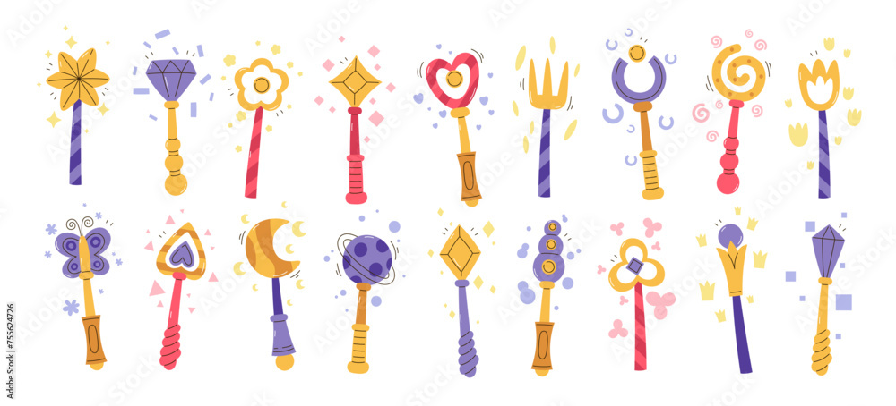 Magic wands wizard, fairy, magician or witch stick for spell, instrument of fantastic characters Magic wands wizard, fairy, magician or witch stick for spell, instrument of fantastic characters