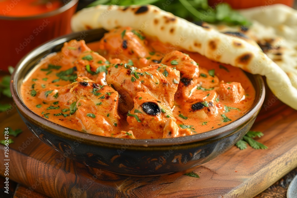 Delicious Chicken Tikka Masala Served in Bowl with Naan, Traditional Indian Dish with Herbs and Spices, Authentic Cuisine Concept Delicious Chicken Tikka Masala Served in Bowl with Naan, Traditional Indian Dish with Herbs and Spices, Authentic Cuisine Concept