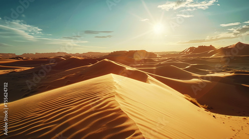 Desert landscape with sand dunes  sultry sun. Extreme adventure concept. Generative AI