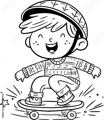 Happy cartoon boy to skateboard. Isolated outline vector illustration. Coloring book page