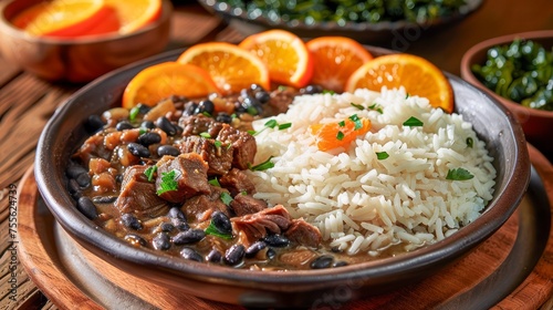 Traditional Brazilian Feijoada with Rice and Oranges on Wooden Table