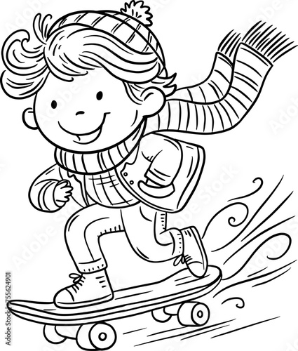 Smiling cartoon scateboard teen boy in winter clothes. Coloring book page. Isolated black and white vector illustration
