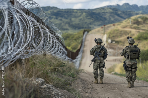 Military and border guards with weapons stand along the border with barbed wire, guarding the border from illegal immigrants