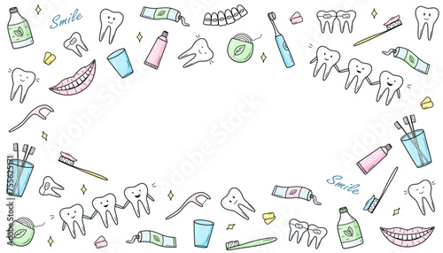 Dentistry set of doodle icons. Vector illustration of elements for the treatment and care of teeth. Dentist's tools. Teeth with emotions.
