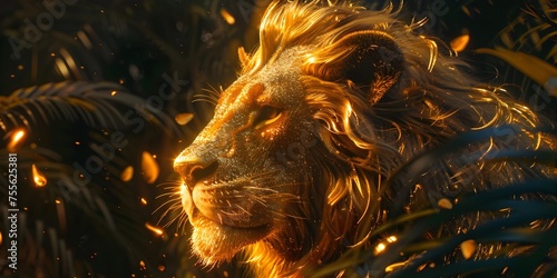 Golden Energy Lion Majestically Roams Ancient Jungle in Cinematic Light