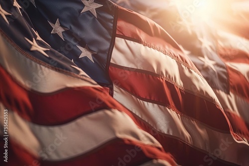American Flag Close-Up: Patriotic Symbol with Sunlit Lens Flares photo