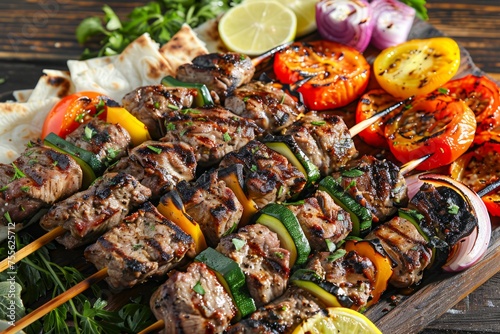 Delicious Grilled Kebabs with Vegetables on Wooden Platter, Perfect BBQ Dish for Dining and Catering Themes