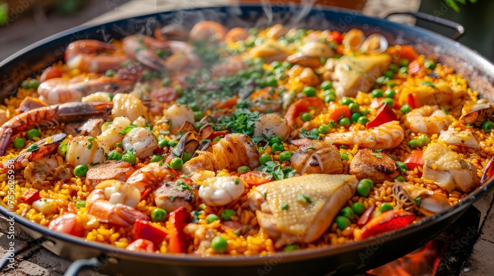 Traditional Spanish paella with seafood, chicken, and mixed vegetables, served in a large pan on rustic wooden background, vibrant colors Traditional Spanish paella with seafood, chicken, and mixed vegetables, served in a large pan on rustic wooden background, vibrant colors