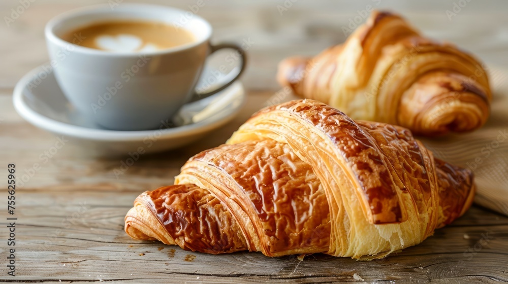 Fresh Golden Croissants Paired with a Perfectly Brewed Cup of Cappuccino on a Rustic Wooden Table - Breakfast Delight Concept Fresh Golden Croissants Paired with a Perfectly Brewed Cup of Cappuccino on a Rustic Wooden Table - Breakfast Delight Concept