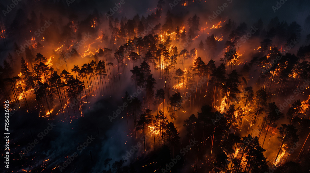 A forest fire is raging, with smoke and flames billowing out of the trees, natural disaster, fire in the forest - obrazy, fototapety, plakaty 